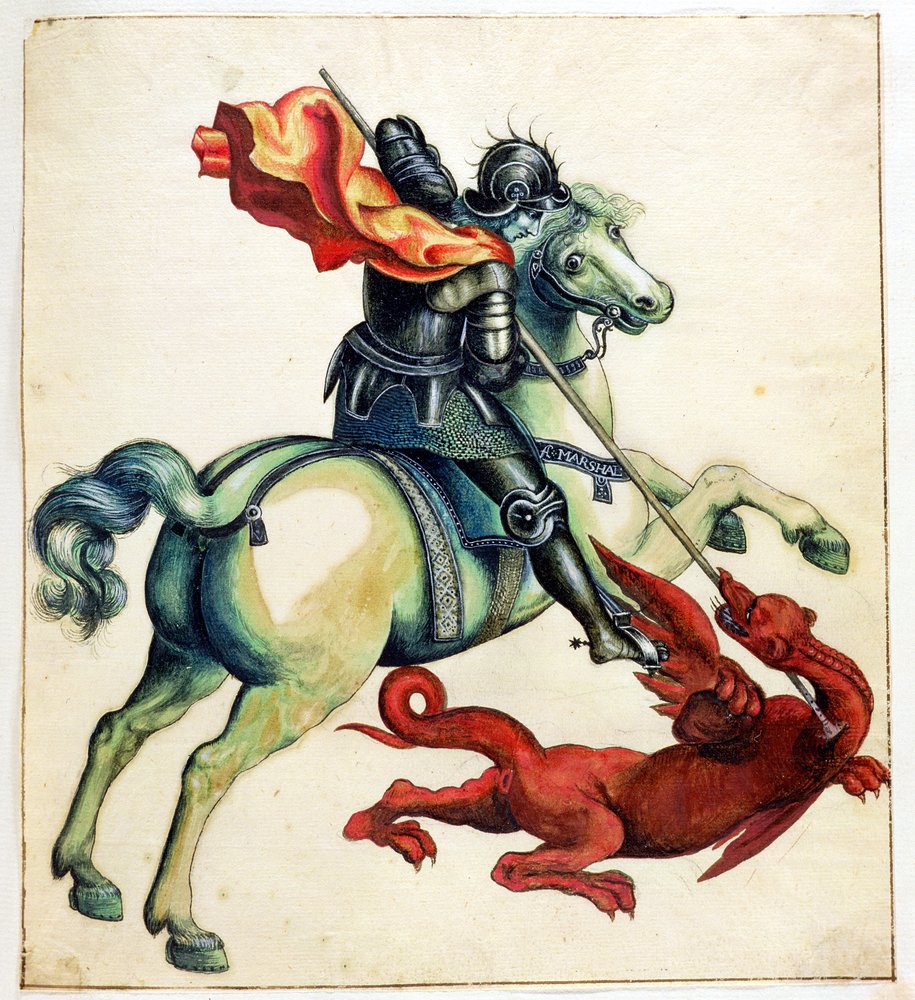 ドラゴンと城の絵画 聖ジョージとドラゴン、1765年に出版されたホレスウォルポール（1717